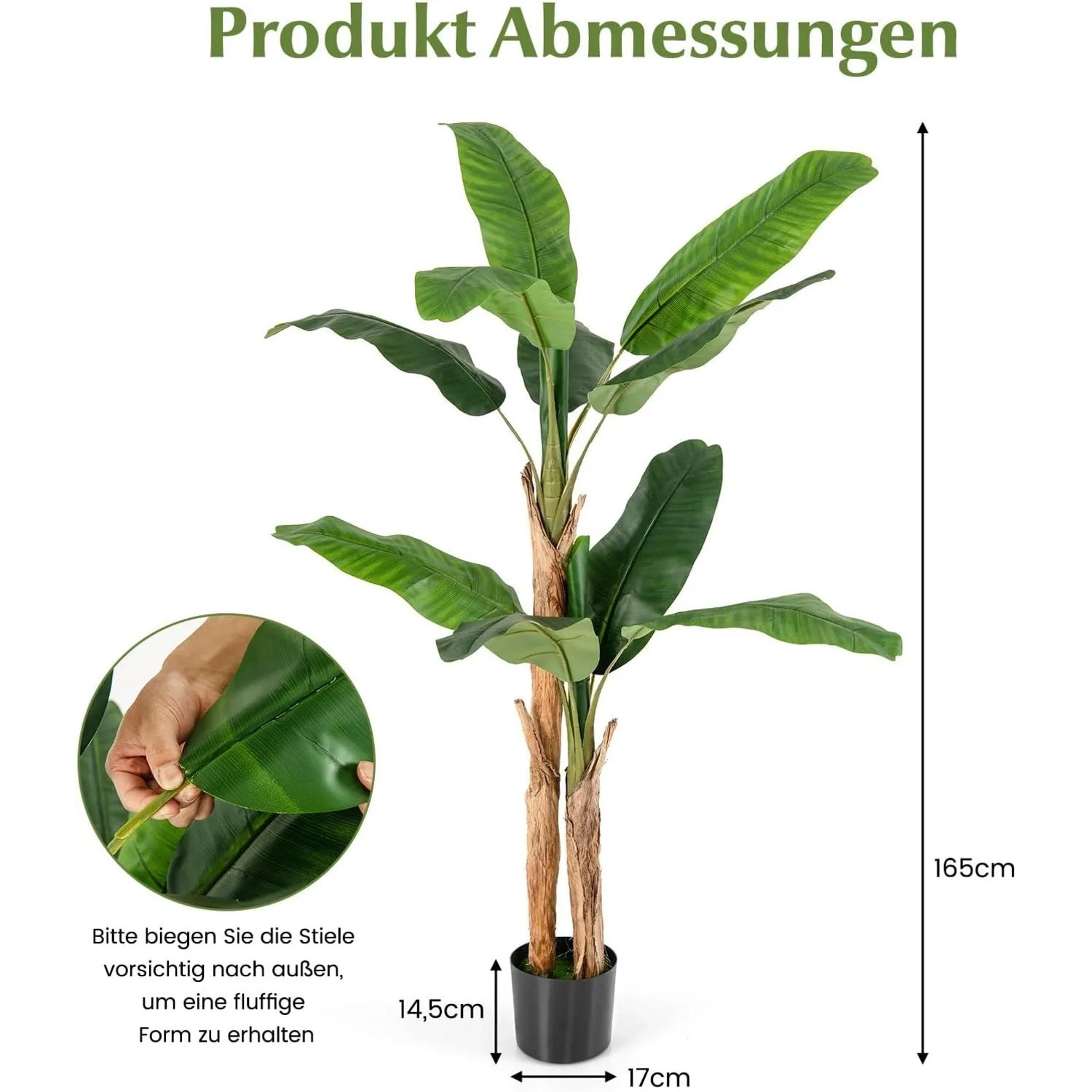 Costway 165 cm Kunstpflanze Bananenbaum mit großen grünen Blättern und braunen Stämmen im schwarzen Topf.