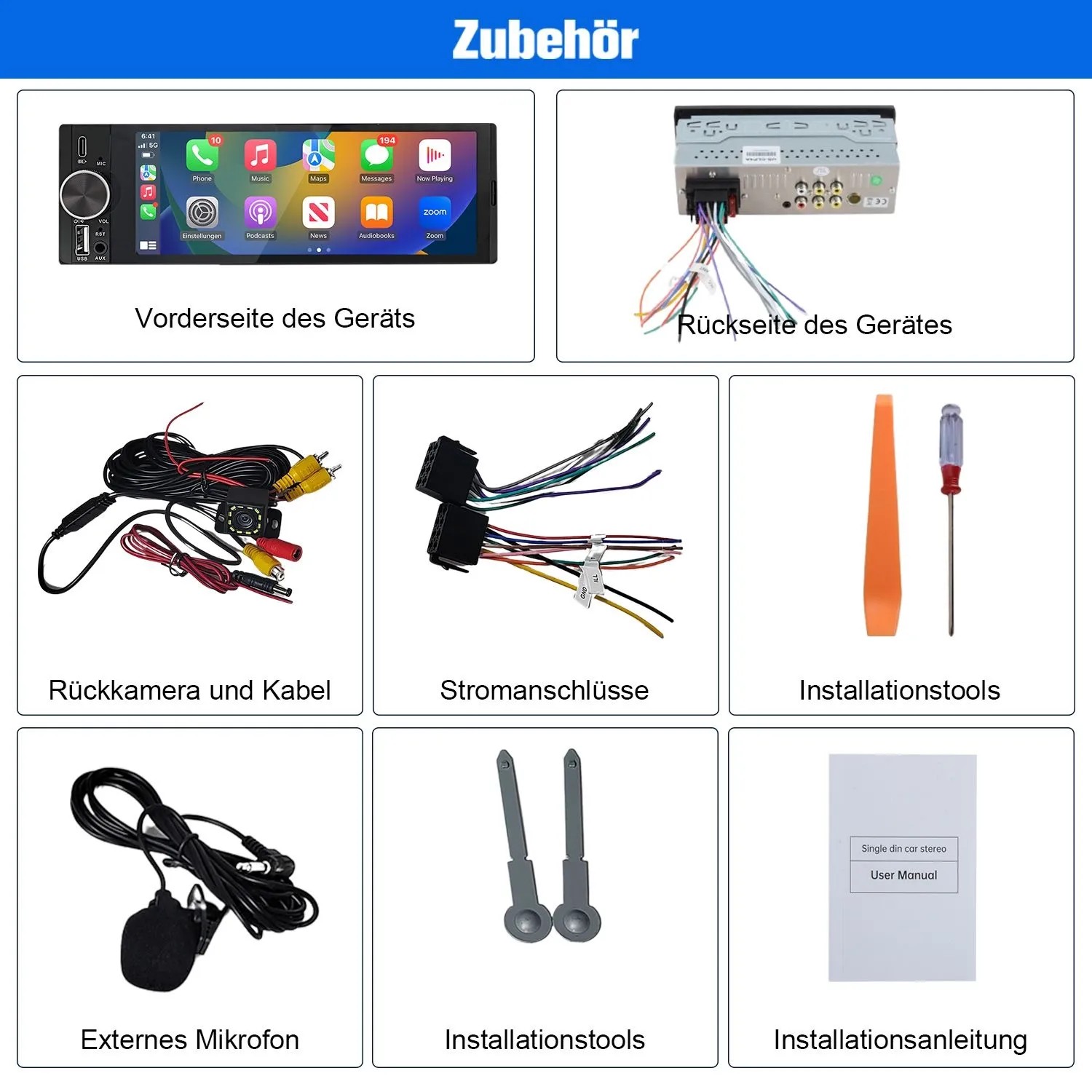 Junsun 6.3 Zoll Autoradio Zubehör: Gerät, Rückfahrkamera, Kabel, Mikrofon, Installationstools, Anleitung. CarPlay, Android Auto.