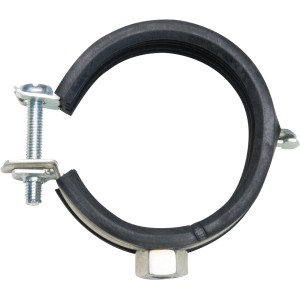 Schallschutzrohrschelle (Ø 12-14 mm) aus verzinktem Stahl mit Gummieinlage zur Rohrbefestigung.