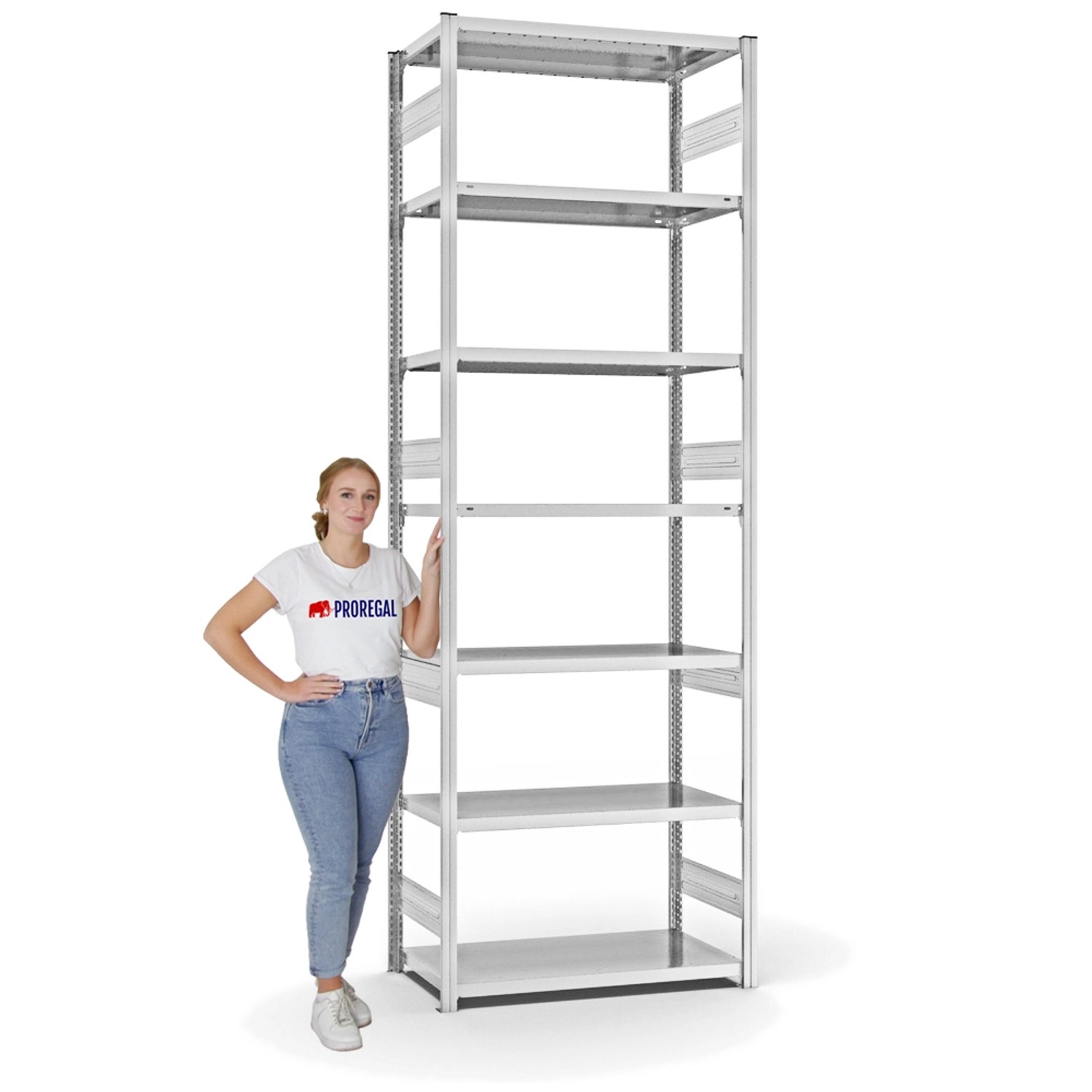 PROREGAL Fachbodenregal, Stecksystem, lichtgrau, 7 Böden, 300x100x50 cm, beidseitig nutzbar.