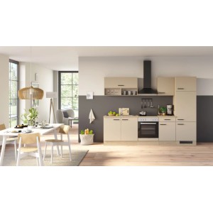 Flex-Well Einbauküche Creso 270 cm: Cashmere matt Fronten, Provence Oak Arbeitsplatte, schwarze Griffe, Backofen.
