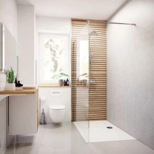 Breuer Duschrückwand Scandi Holzdekor in modernem Bad mit Glasdusche und Holzverkleidung.