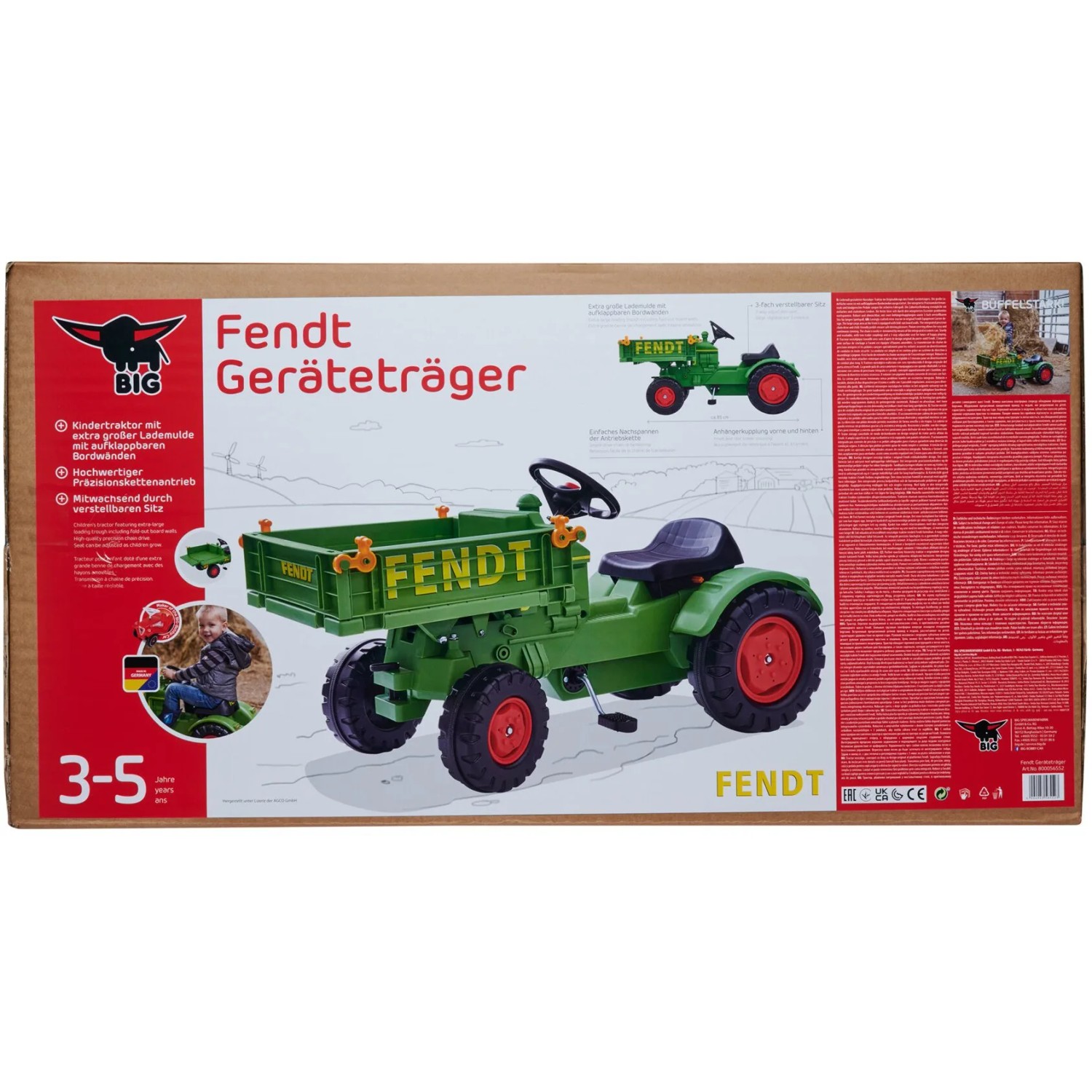 Verpackung des BIG Kindertraktor Fendt Geräteträger mit verstellbarem Sitz.