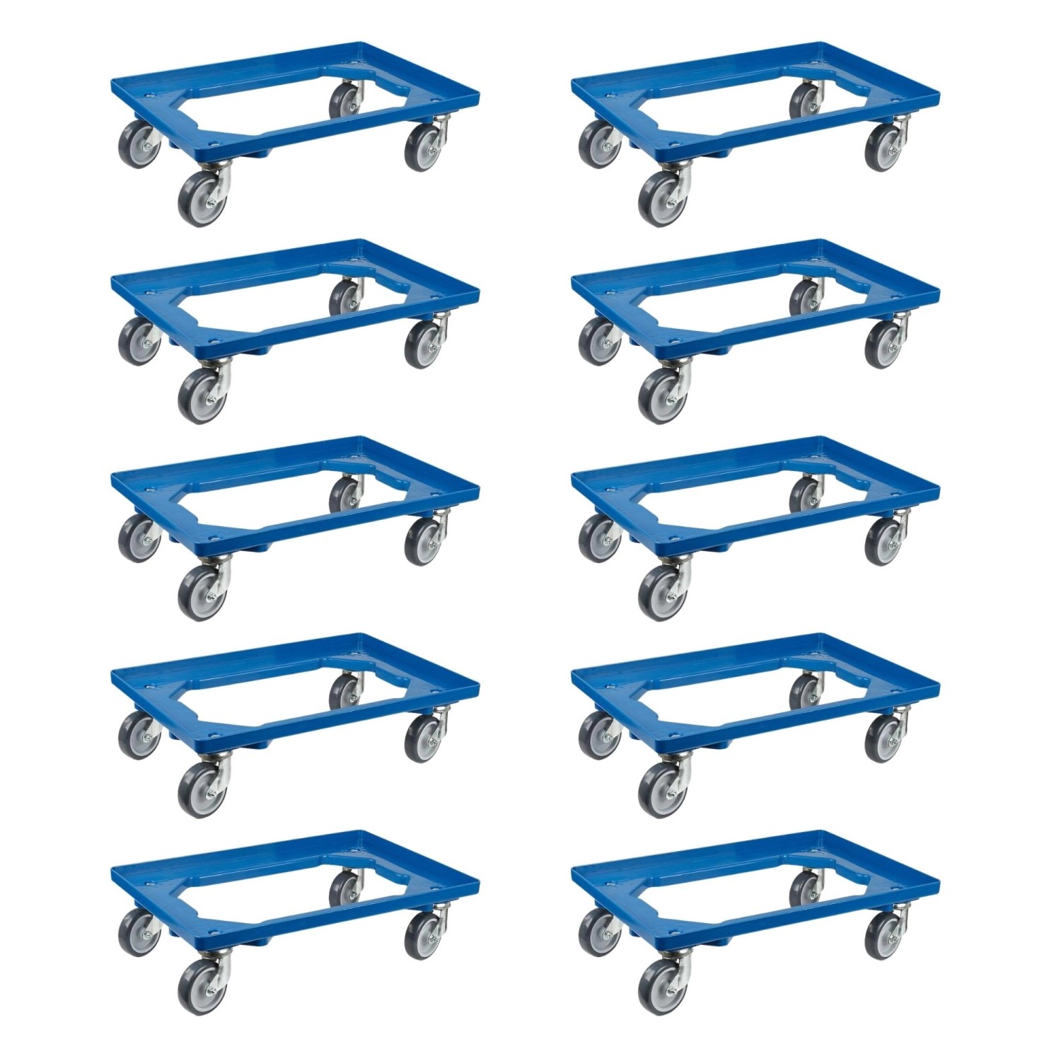 PROREGAL SparSet 10x Transportroller für Euroboxen 60 x 40 cm mit Gummiräder Blau Offenes Deck 2 Lenkrollen und 2 Bockro