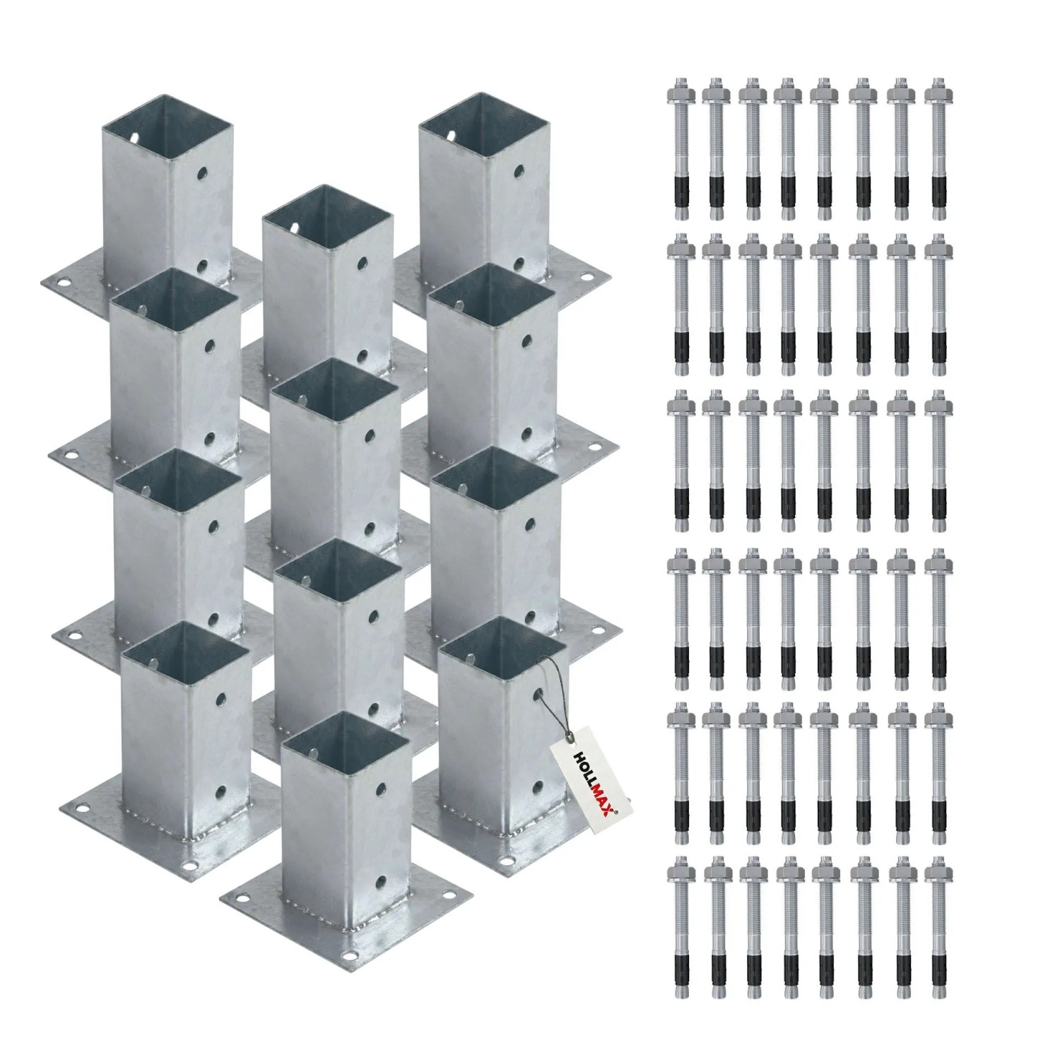 HOLLMAX 12 Stk. Aufschraubhülse/Pfostenträger 71 mm inkl. Schwerlastanker 10 x 100 mm Verzinkt Silber für Vierkantpfosten