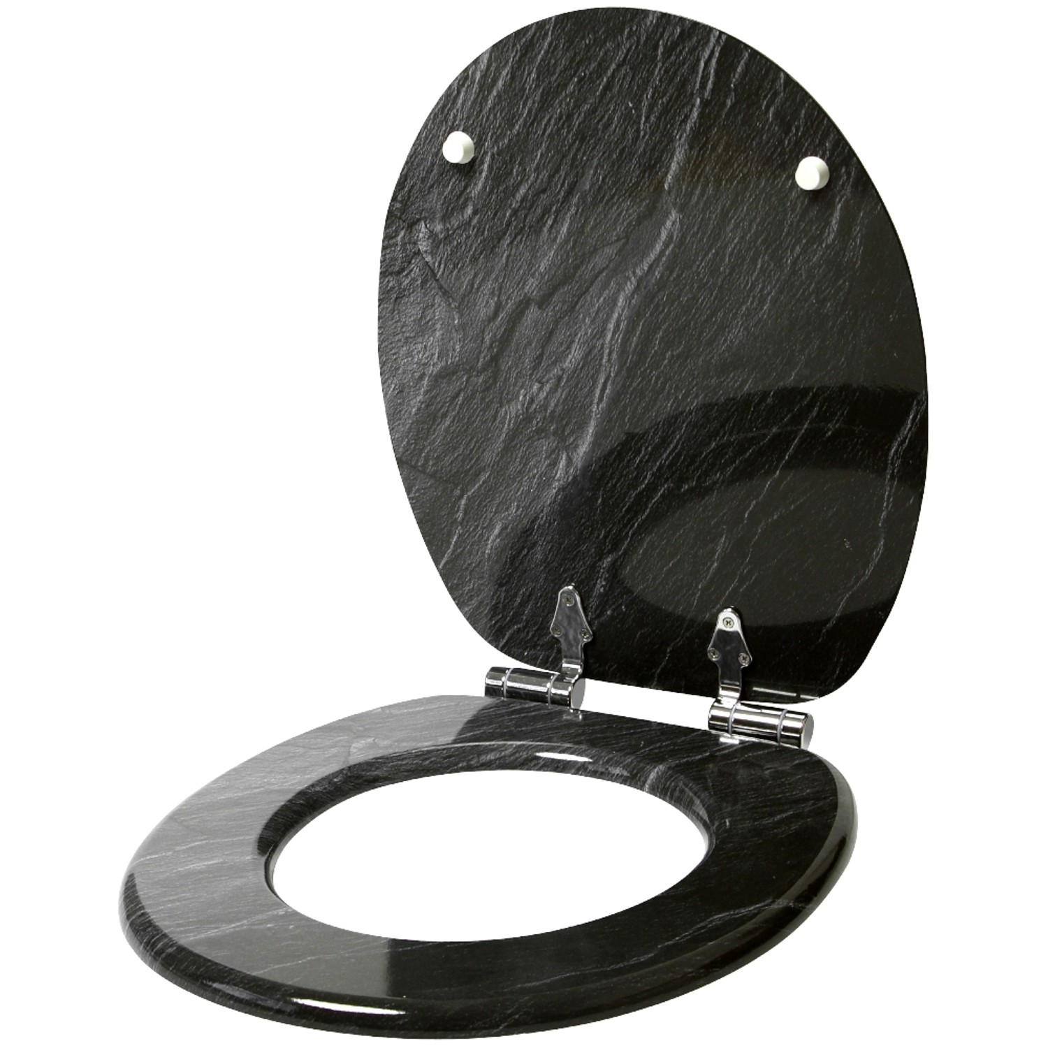 Sanilo WC-Sitz Granit aus Holz, geöffnet. Robuster Toilettendeckel mit dunkler Steinoptik.