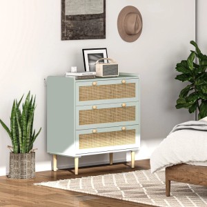 Hellgrüne HOMCOM Kommode mit drei Schubladen und Rattan-Fronten. Beistellschrank für Schlafzimmer oder Flur.