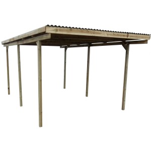 Holz Carport mit Flachdach, 300x495 cm, Einzelcarport mit sechs Pfosten und dunklem Dach.