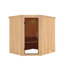 Chillroi Sauna Mitchell Set, naturbelassen, ohne Ofen. Saunahaus mit Glastür und zwei Bänken.