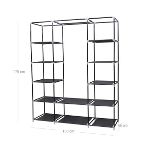 Schwarzer Songmics Stoff-Kleiderschrank (150x45x175 cm) mit Regalen und Kleiderstange.