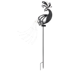 Silbergraue Solarleuchte in Pfauenform, 88 cm hoch, für den Garten.