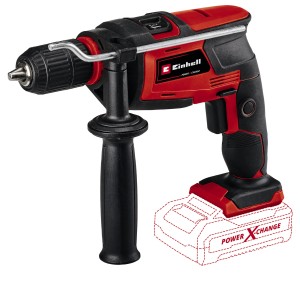 Einhell Akku-Schlagbohrmaschine TE-ID 18 Li-Solo, rot/schwarz, mit Zusatzhandgriff und Schnellspannbohrfutter.