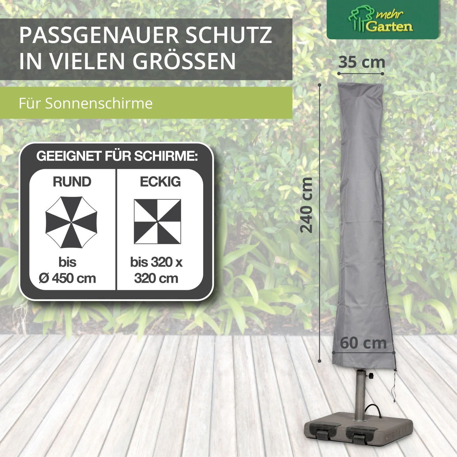 Mehr Garten Sonnenschirmhülle, grau, 240x35/60 cm, für Schirme bis Ø450/320x320 cm