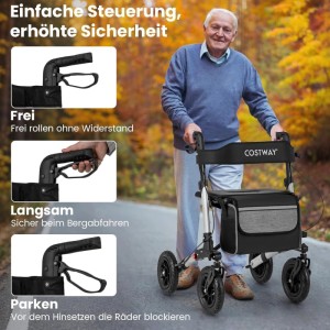 Costway Rollator mit Luftbereifung Faltbar 7-Fach Höhenverstellbar Silber