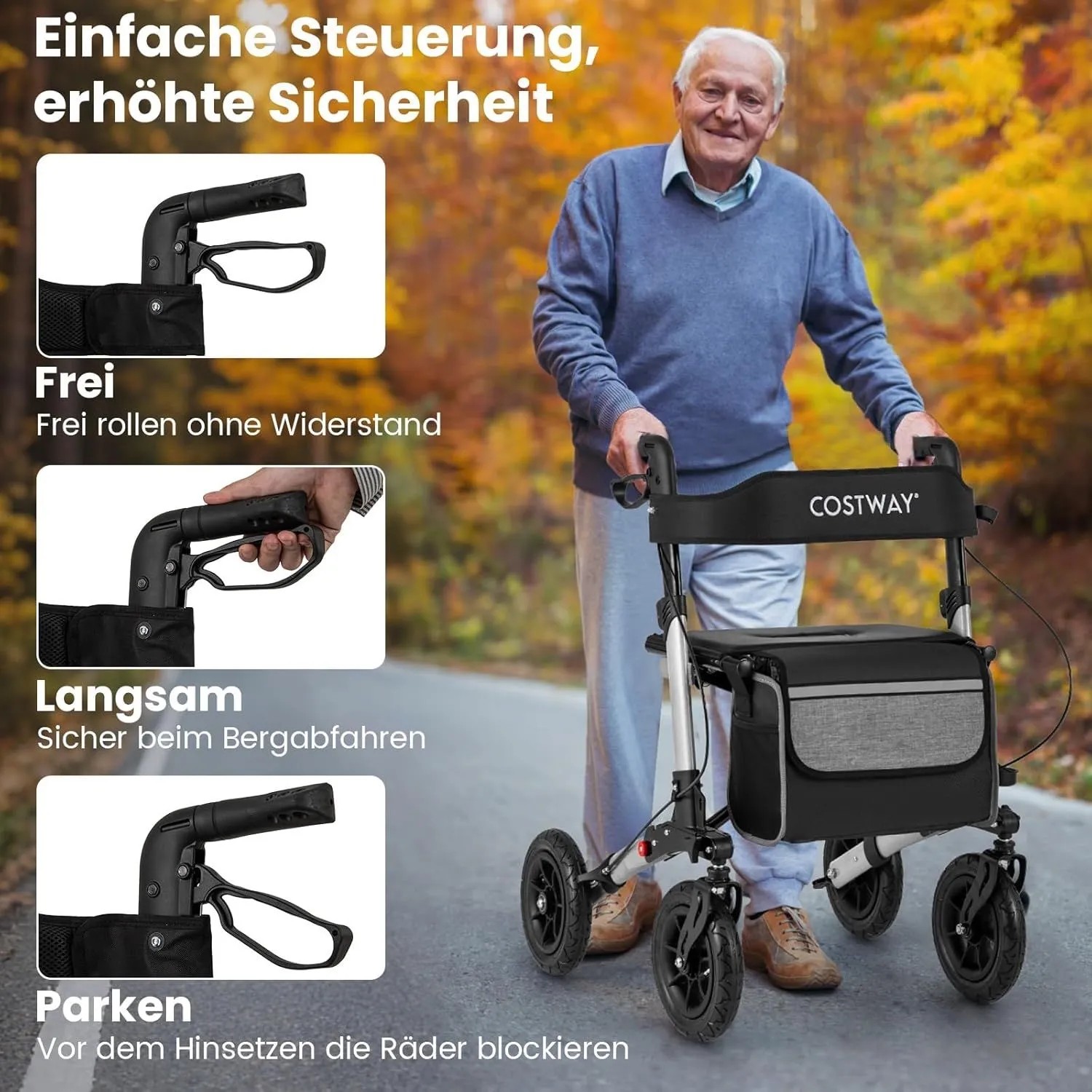Costway Rollator mit Luftbereifung Faltbar 7-Fach Höhenverstellbar Silber_3