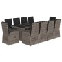 Graue 11-tlg. vidaXL Garten-Essgruppe aus Rattan mit Tisch, Sesseln und Kissen.