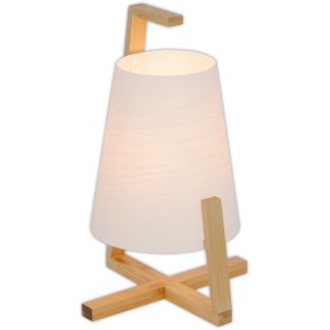 Näve Bambus Tischleuchte mit weißem Kunststoffschirm und hellem Holzgestell.
