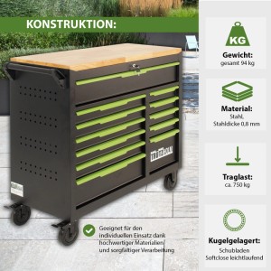 TRUTZHOLM Werkstattwagen Star XL, unbestückt, schwarz-grün, mit 12 Schubladen und Holzplatte.