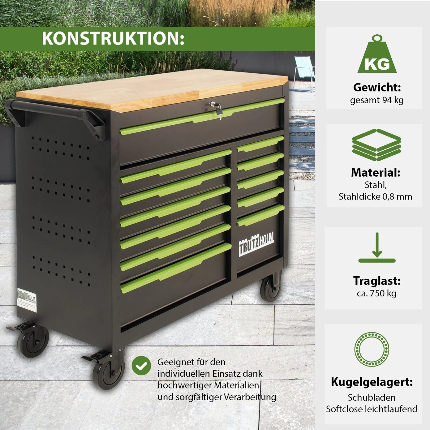 TRUTZHOLM Werkstattwagen Star XL, unbestückt, schwarz-grün, mit 12 Schubladen und Holzplatte.
