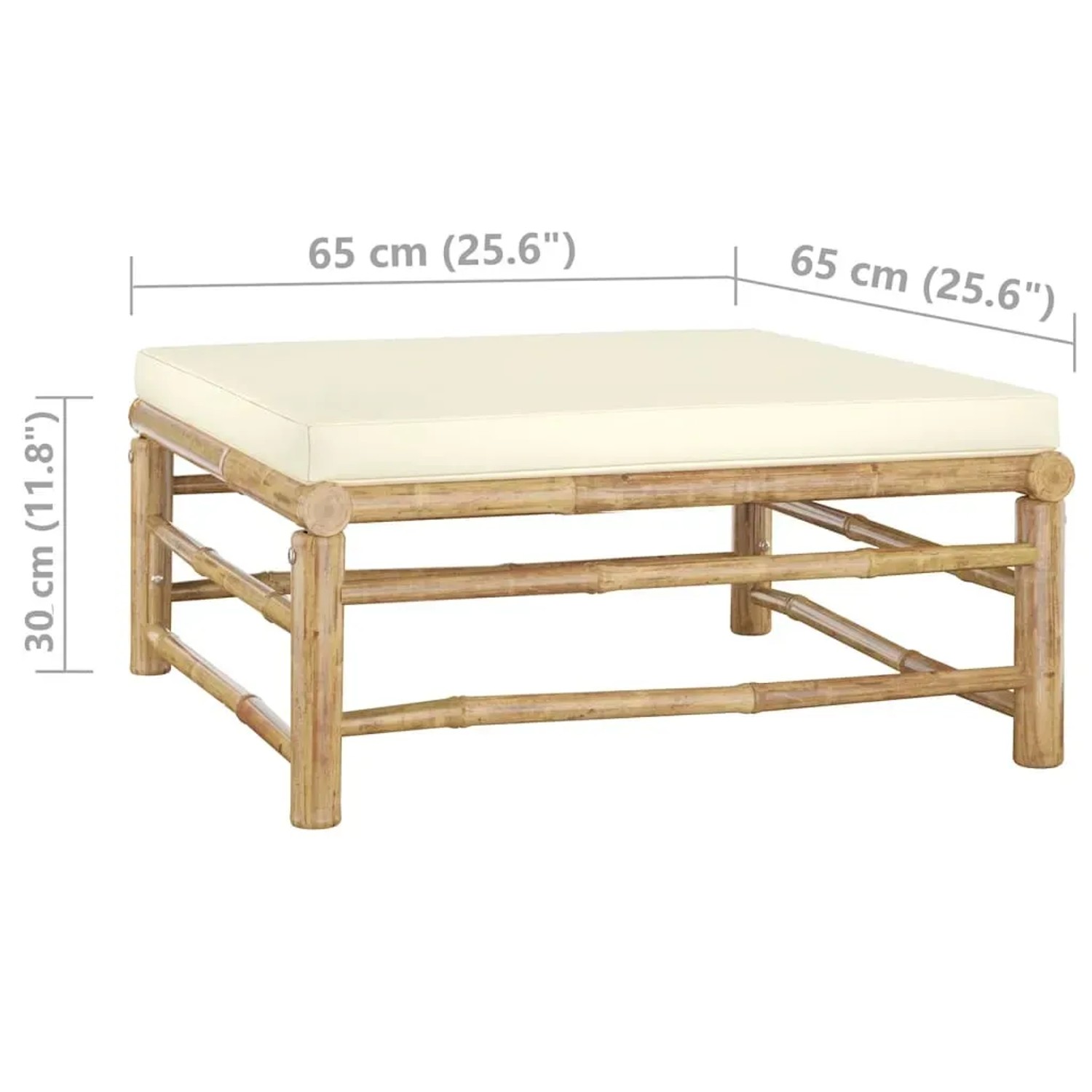 Quadratischer vidaXL Fußhocker aus Bambus mit cremeweißem Kissen, Teil des Garten-Lounge-Sets.