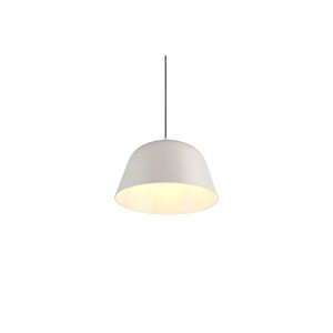 Warmgraue Tova Pendelleuchte mit glockenförmigem Metallschirm, weißer Innenseite und warmem Licht.