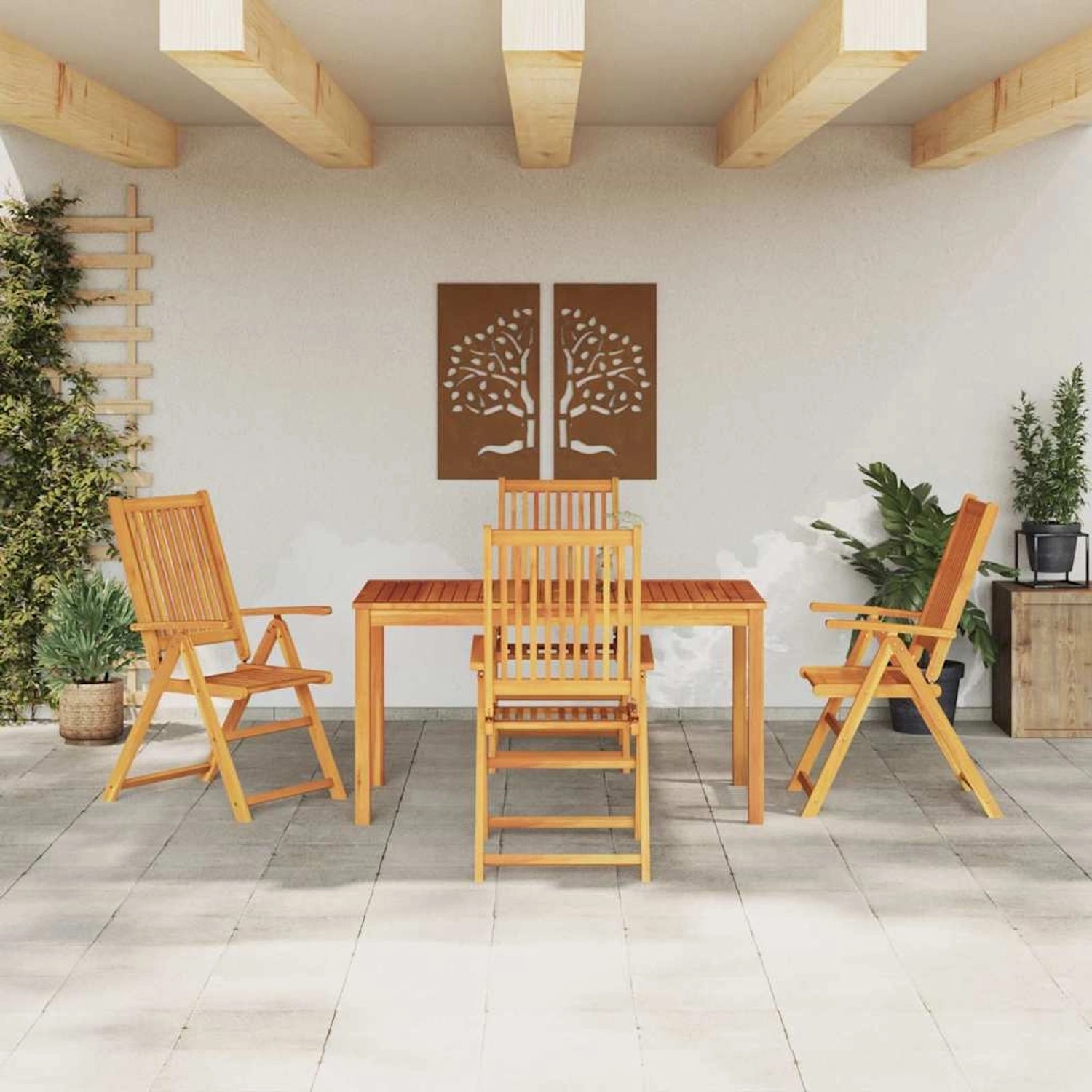 5-teilige Garten-Essgruppe aus Akazienholz, klappbar, bestehend aus Tisch und 4 Stühlen.