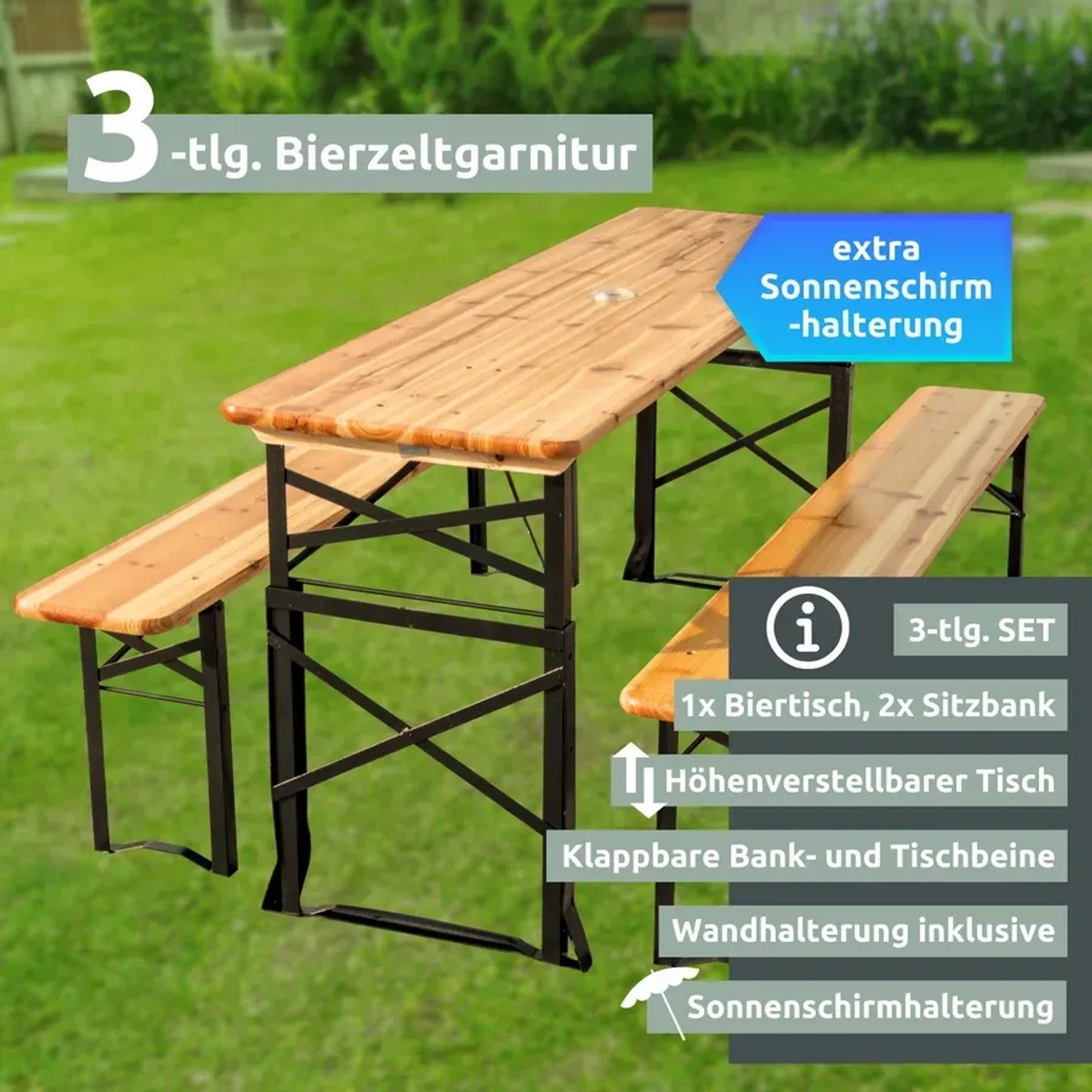 Holz Bierzeltgarnitur, 3-teilig, klappbar und höhenverstellbar mit Tisch, zwei Bänken und Wandhalterung.