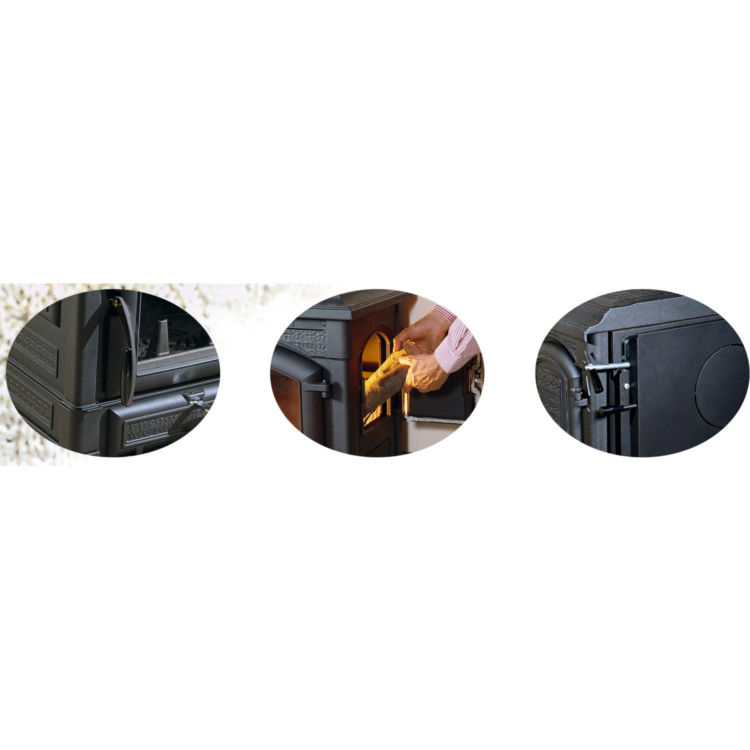 Detailansichten des Firefix Isotta Kaminofens aus Gusseisen, schwarz, mit Holzscheit im Brennraum.