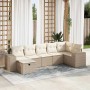 7-teilige Garten-Sofagarnitur aus Rattan in Beige mit cremefarbenen Kissen.