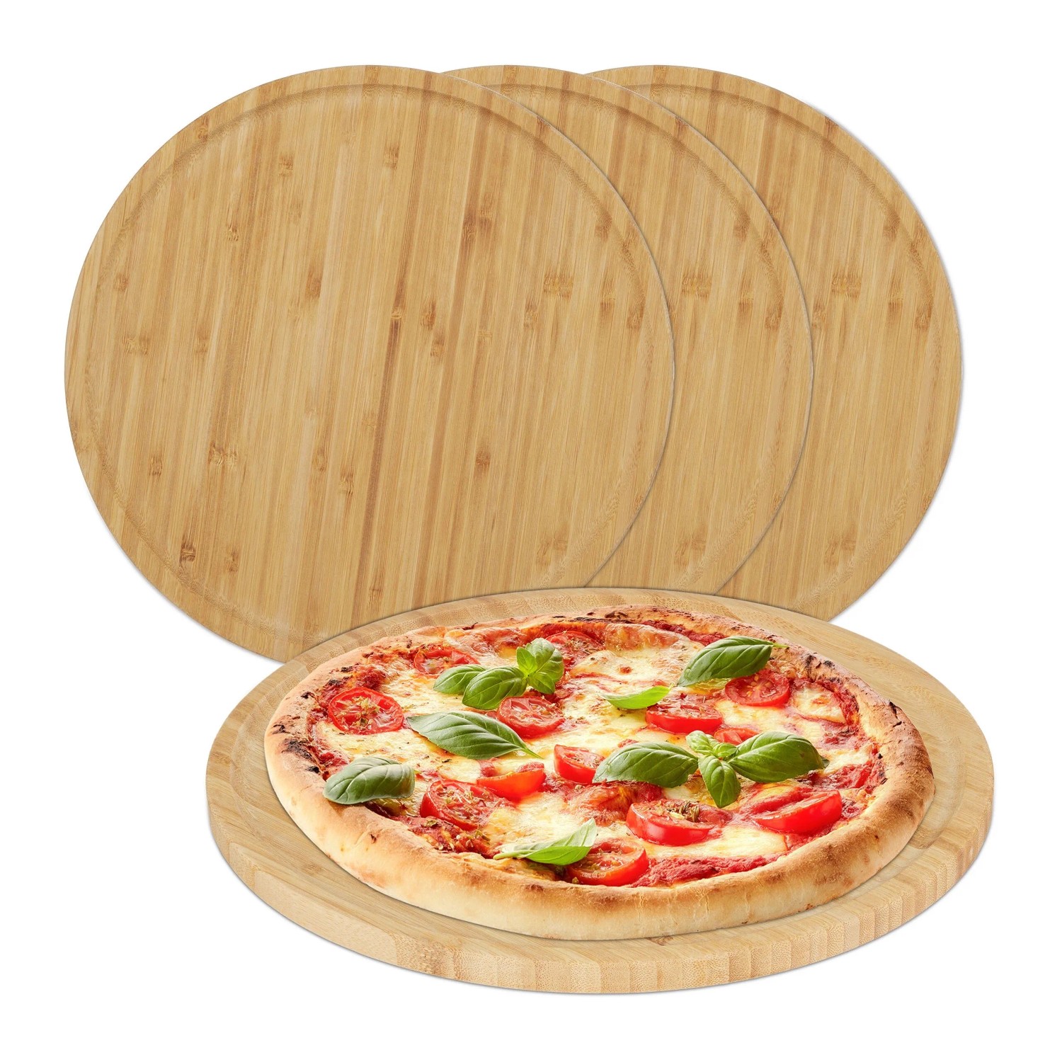 Relaxdays Pizzateller Bambus Natur 4er Set 1,5 cm x 32 cm 570 g