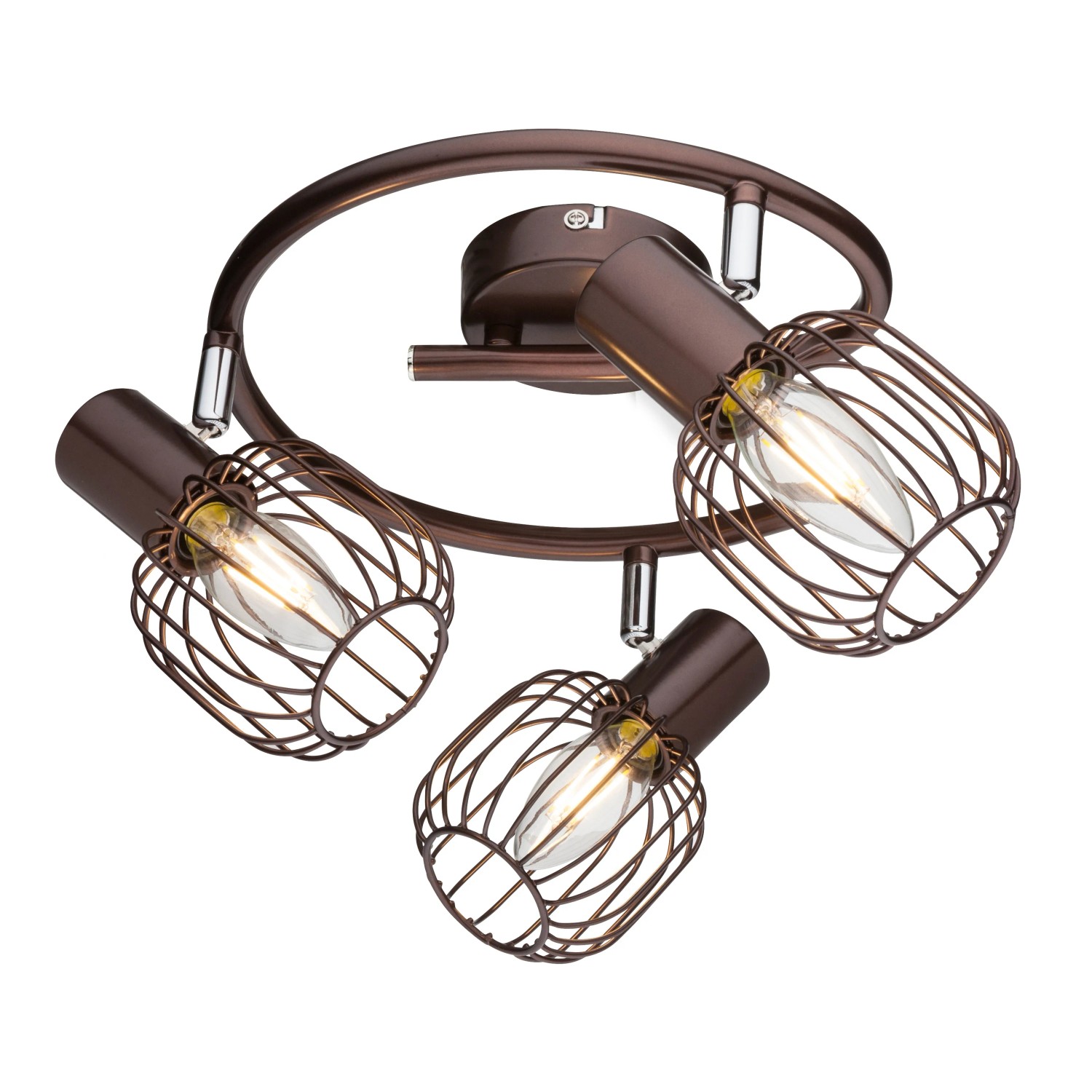 Globo Spot 3er Akin, braune Deckenleuchte mit drei Leuchten und Gitterschirmen.