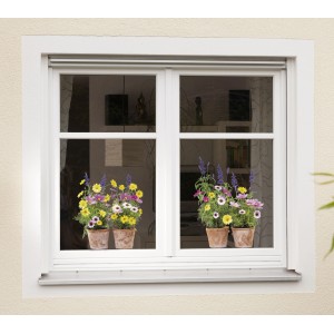 Fenstersticker Springtime mit Blumen in Töpfen auf einem Fenster.