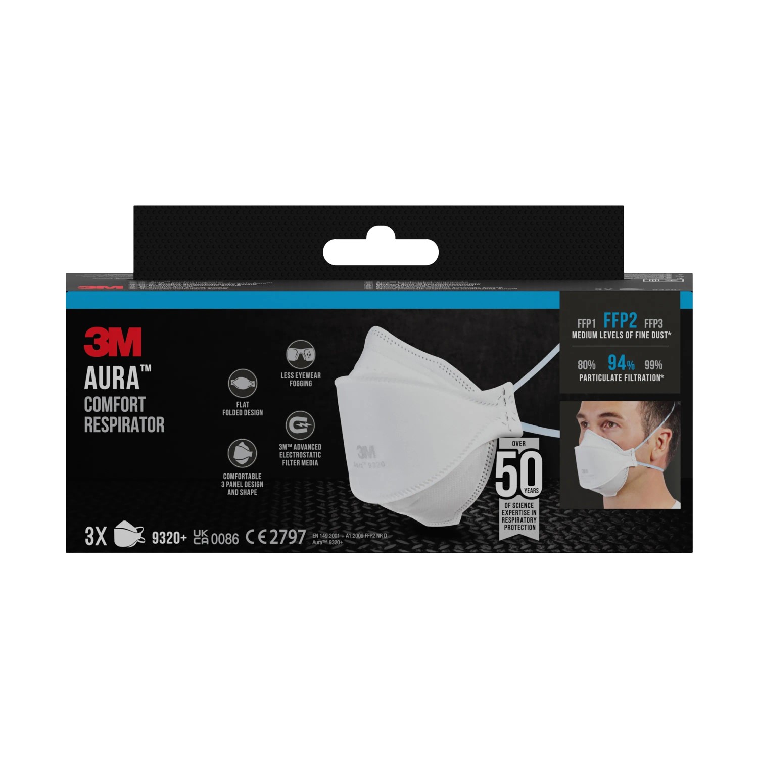 3M Aura FFP2 Atemschutzmaske 9320+ im 3er-Pack, schützt vor Feinstaub.