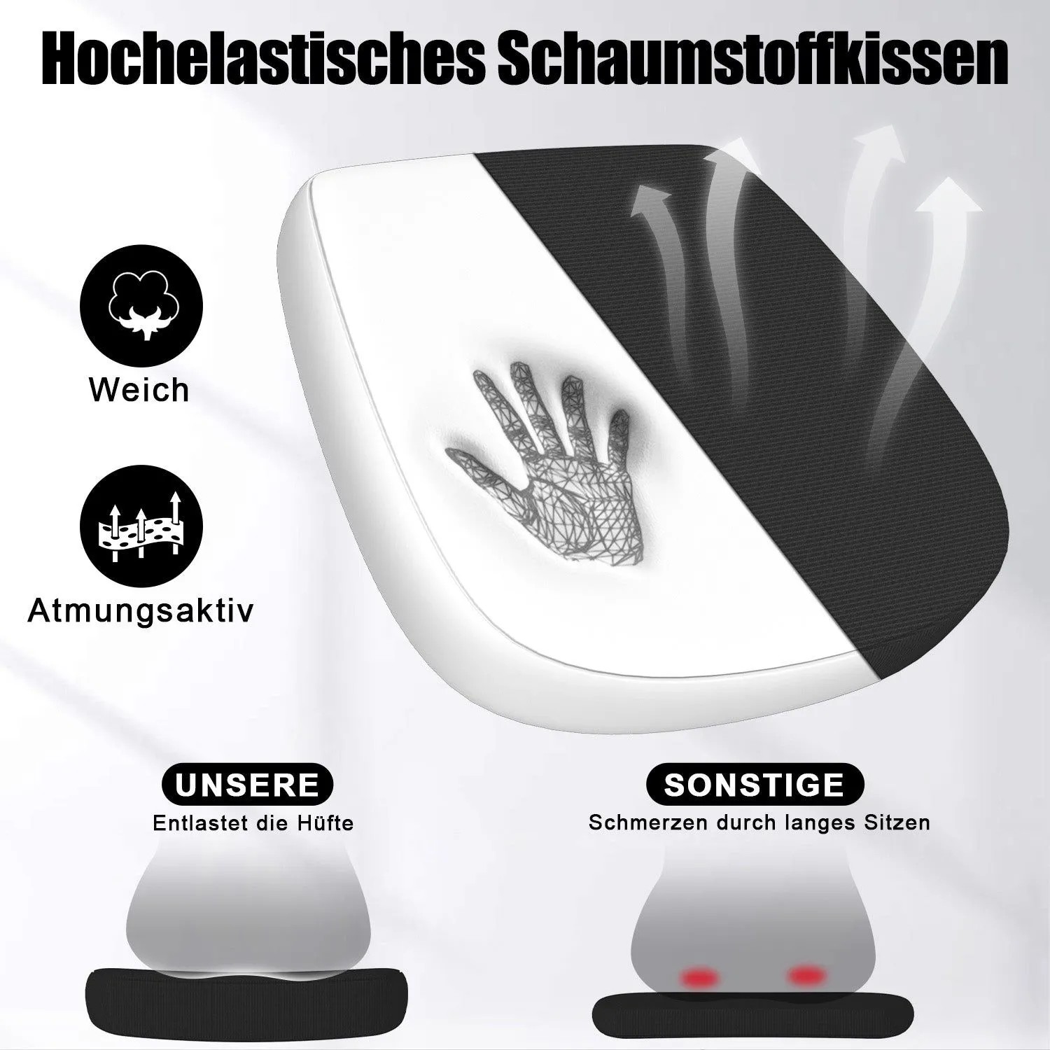 Detailaufnahme Sitzfläche des Rattantree Bürostuhls: Schaumstoff, atmungsaktives Mesh, ergonomisch.