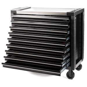 Schwarzer Mephisto Werkzeugwagen Pro-Line Big Black mit 9 Schubfächern und Werkzeug.