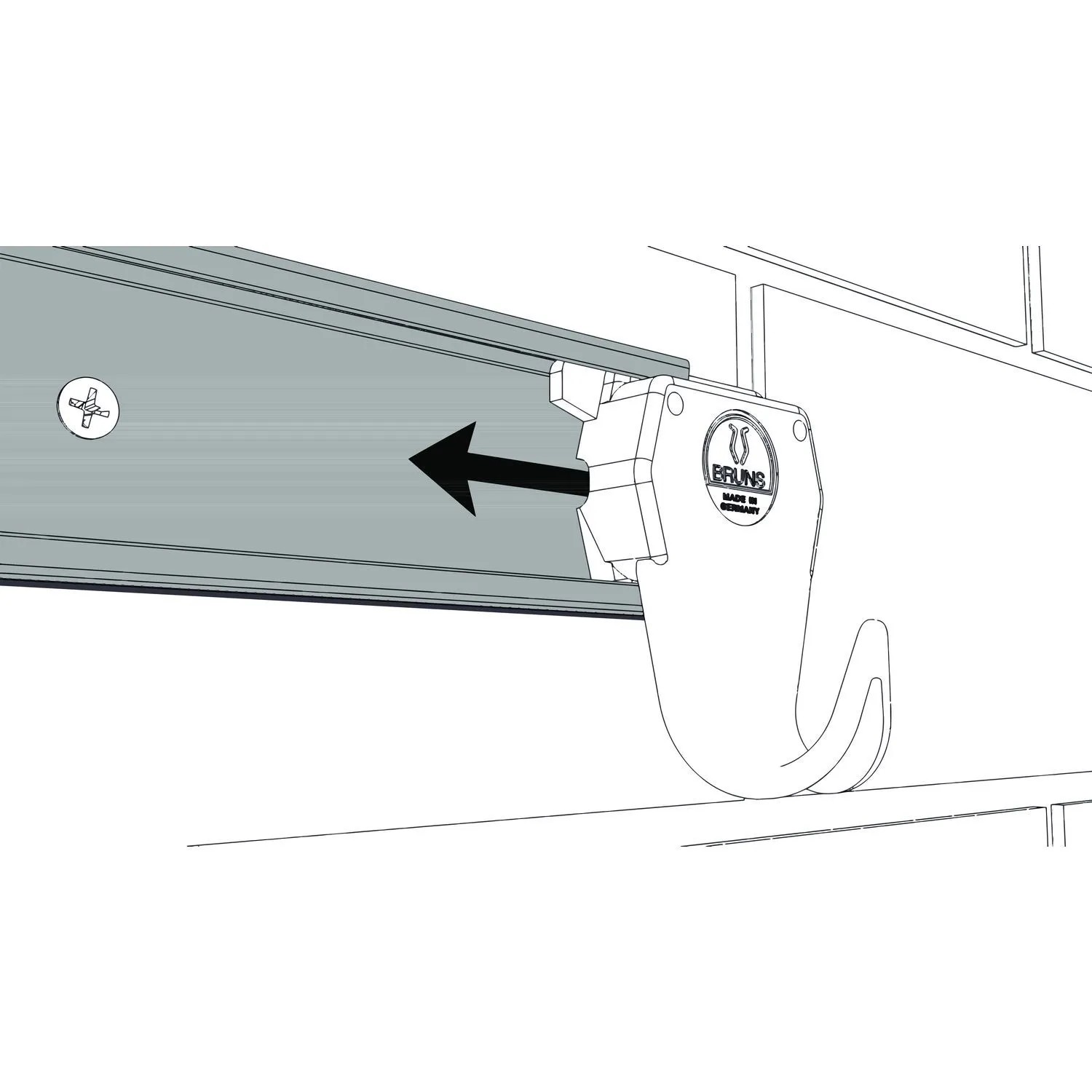 Bruns Gerätehalter Haken wird in die Aluminium-Schiene geschoben. Montage des Ordnungssystems für Werkstatt & Garage.