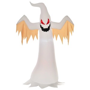 Aufblasbares Halloween Gespenst mit roten LED-Augen, leuchtendem Körper und orangen Fetzen. Dekorative Figur.