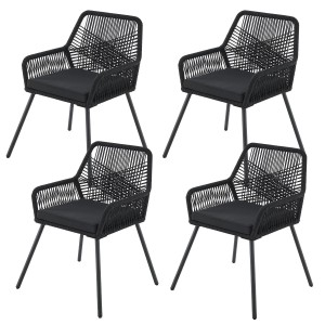 Juskys Rope Gartenstühle Kastos 4er Set Schwarz mit Seilgeflecht und Sitzkissen.
