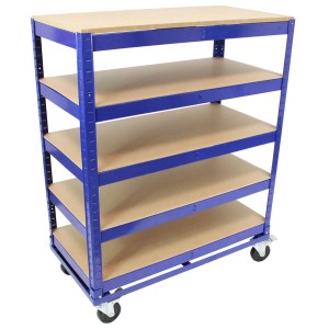 Blauer TRUTZHOLM Etagenwagen mit 5 Ebenen, 750kg Traglast und Rollen.