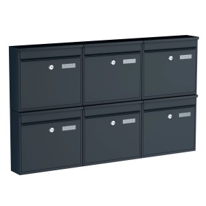 Basi Briefkasten Set, 6 anthrazitfarbene Wandbriefkästen mit Schloss und Namensschild.