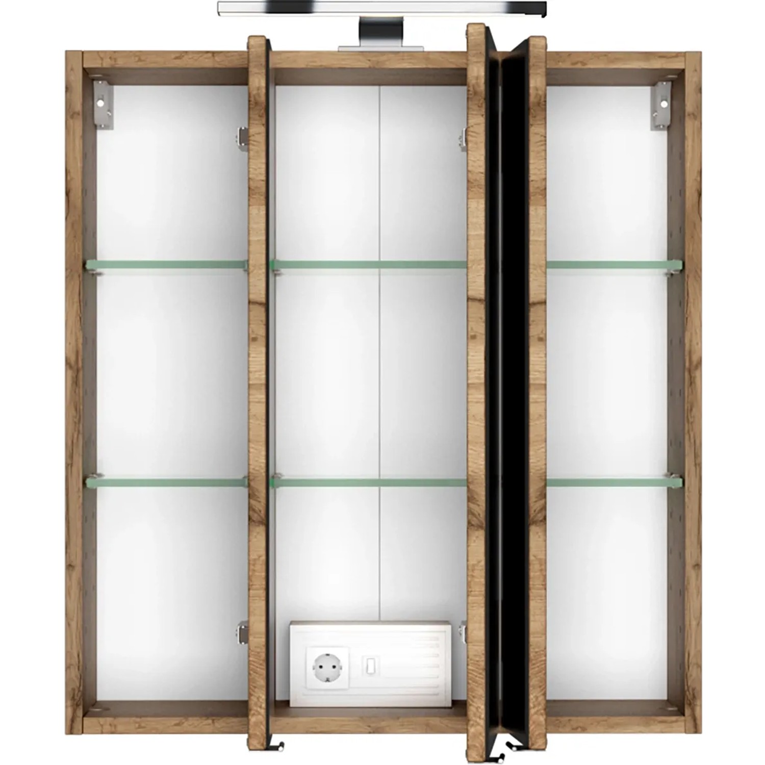 Held Möbel Spiegelschrank Bari, 60 cm, matt weiß und Wotaneiche Dekor, mit LED-Lampe und Steckdose.