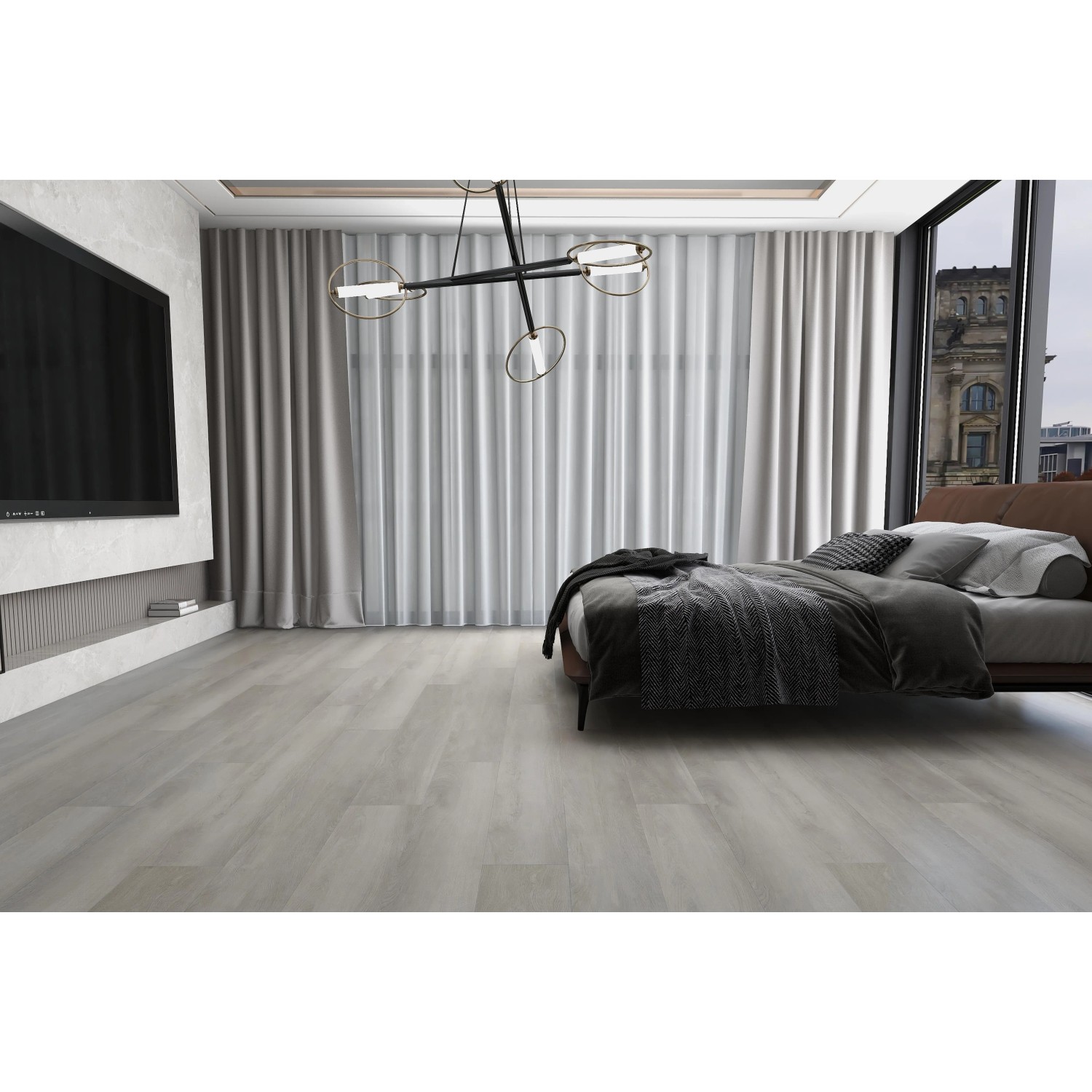 Heller Click-Vinylboden Amarillo Oak Breitdiele im Schlafzimmer verlegt.
