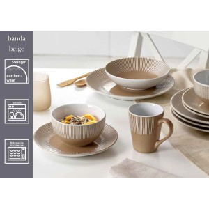 Beiges Speiseteller-Set von Ritzenhoff & Breker, Serie Banda, 27 cm, Steingut mit Streifenrelief.