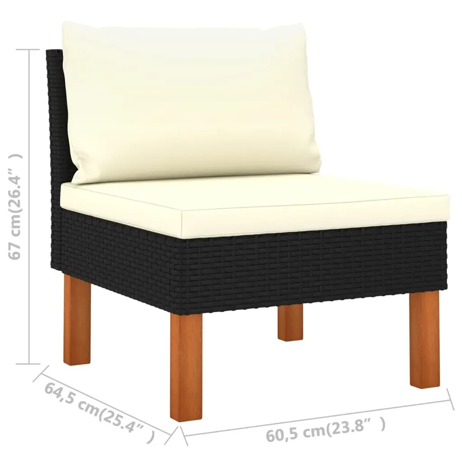 Schwarzes Gartenmöbel Lounge-Set Element aus Rattan mit cremeweißen Kissen und Holzfüßen.