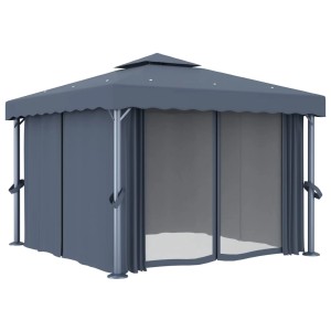 Anthrazitfarbener vidaXL Pavillon 3x3 m mit Vorhängen und Aluminiumrahmen.