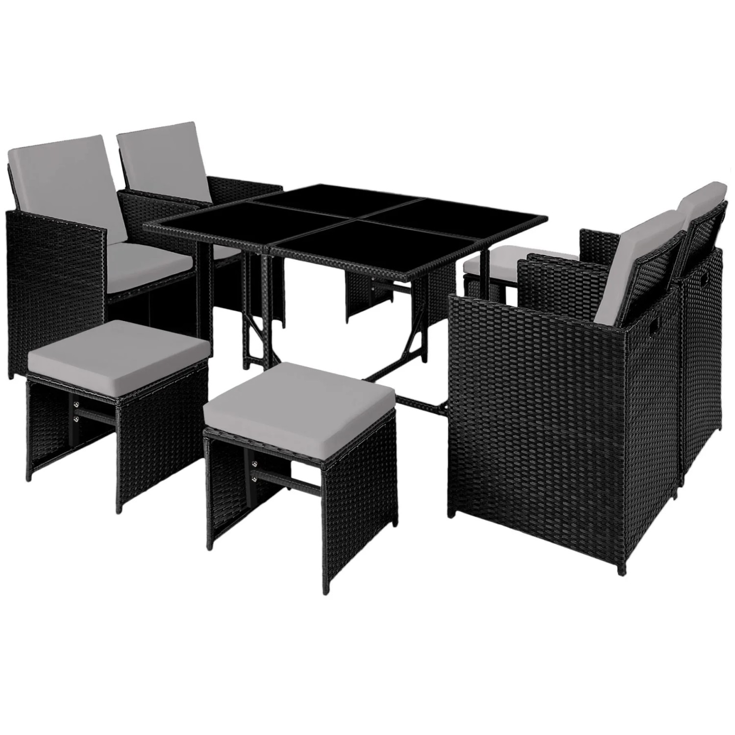 Tectake Rattan Sitzgruppe Bilbao Für 4 Bis 8 Personen Widerstandsfähig  53 x 53 x 87 cm Schwarz Grau