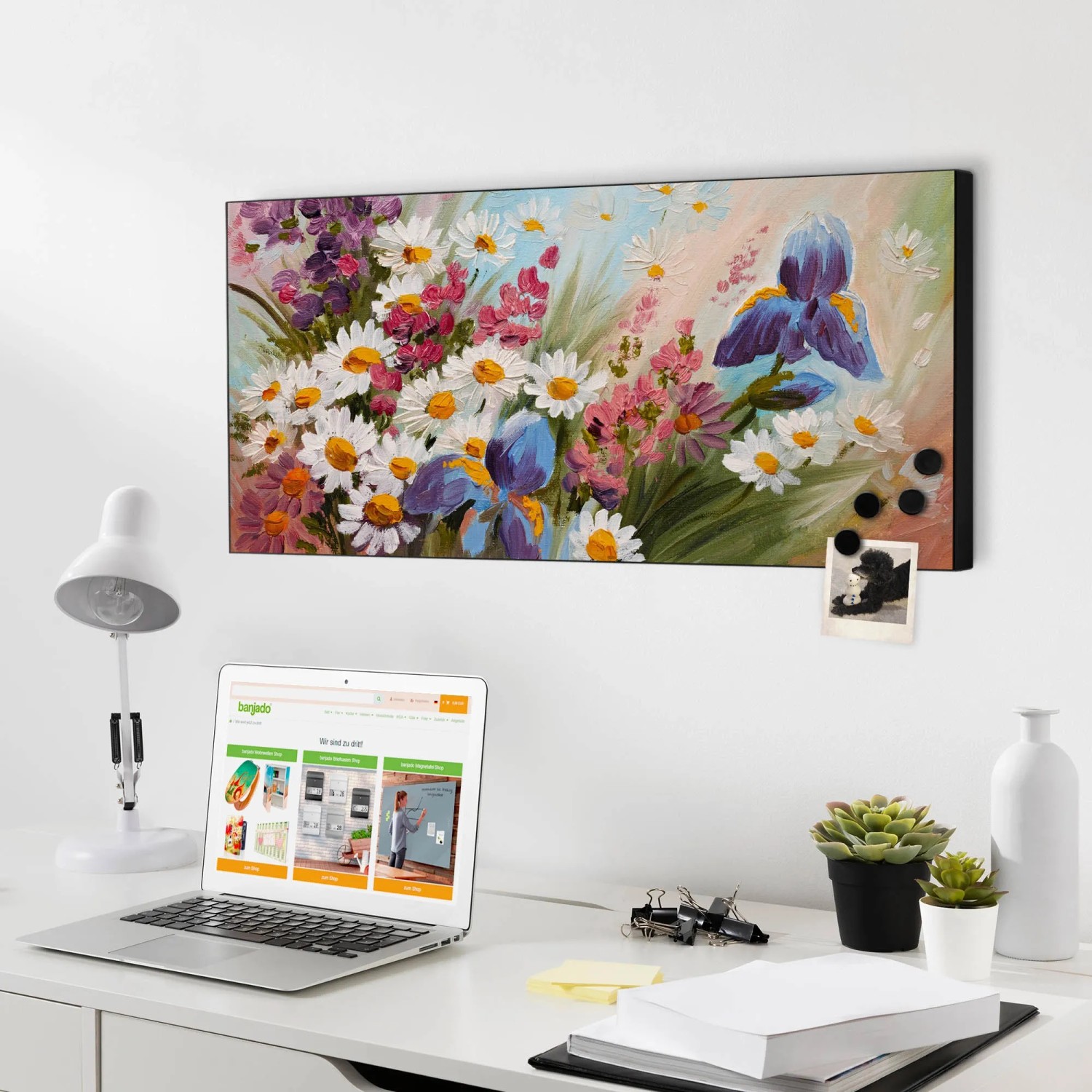 Magnettafel 78x37cm mit Blumenmotiv 'Sommerstrauss', Magnetwand für Notizen und Fotos.