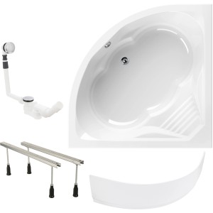 Eckbadewanne 150x150 cm mit Zubehör: Schürze, Füße und Ablaufgarnitur.