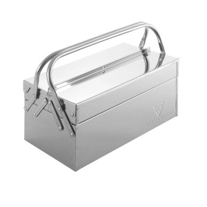 STAHLWERK Werkzeugkasten aus Edelstahl mit 3 Fächern und Tragegriff.