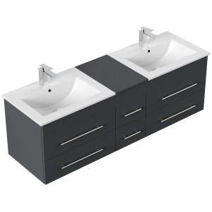 Posseik Badmöbel Nero XL Grafit: Badmöbel-Set mit zwei Waschbecken und grauen Unterschränken.